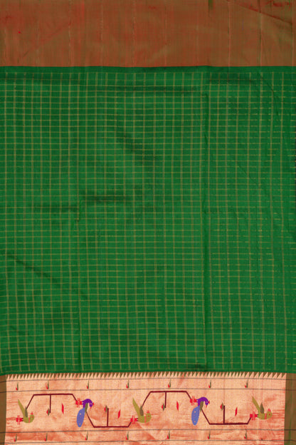 Paithani Silk Checks Green Saree With Akruthi Border