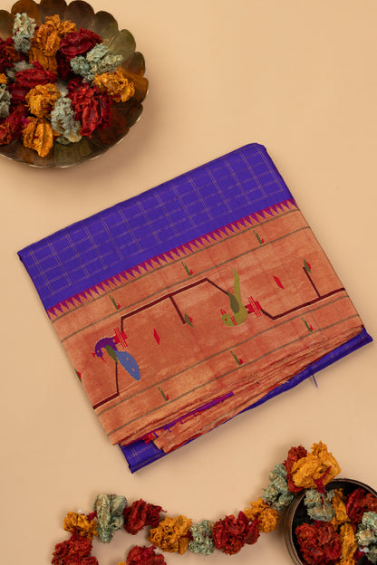Paithani Silk Checks Violet Saree With Akruthi Border