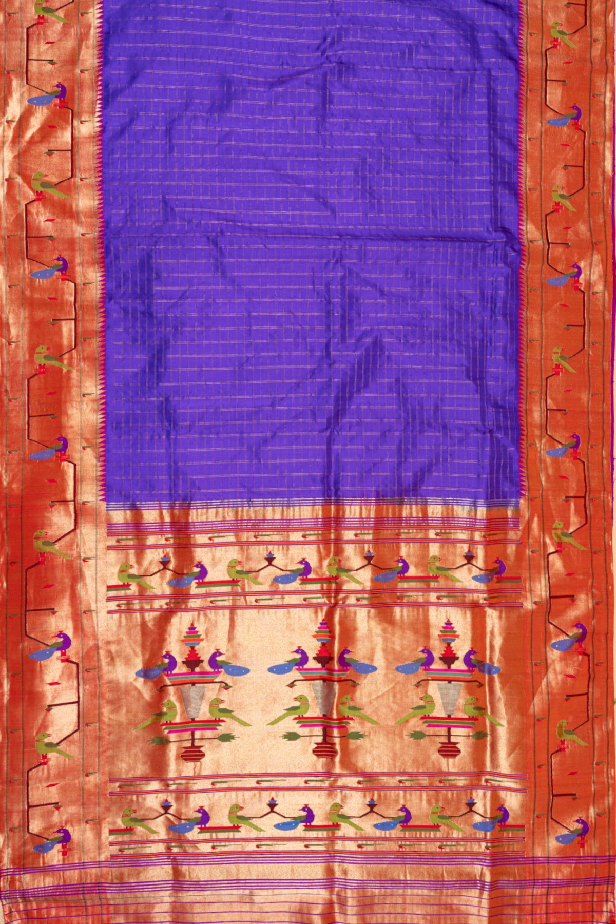 Paithani Silk Checks Violet Saree With Akruthi Border