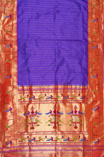 Paithani Silk Checks Violet Saree With Akruthi Border