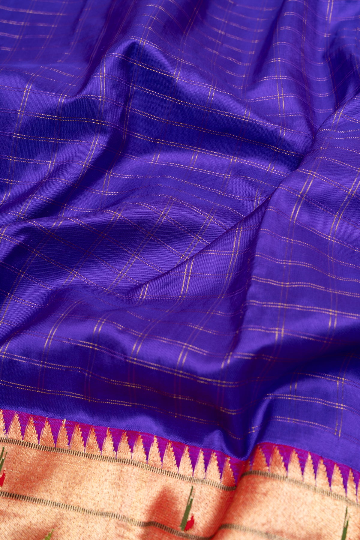 Paithani Silk Checks Violet Saree With Akruthi Border