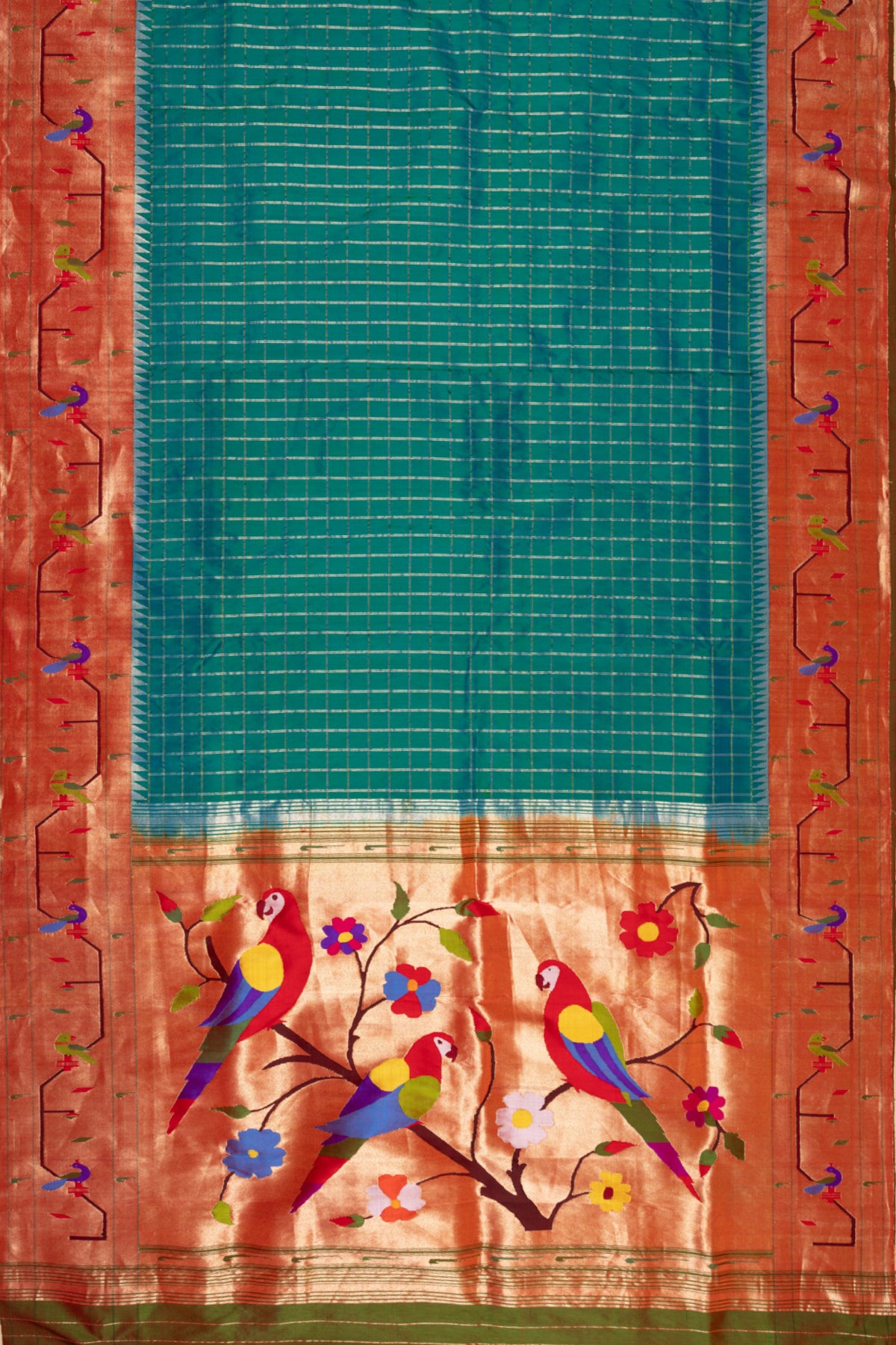 Paithani Silk Checks Teal Blue Saree With Akruthi Border