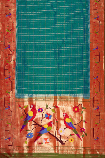 Paithani Silk Checks Teal Blue Saree With Akruthi Border