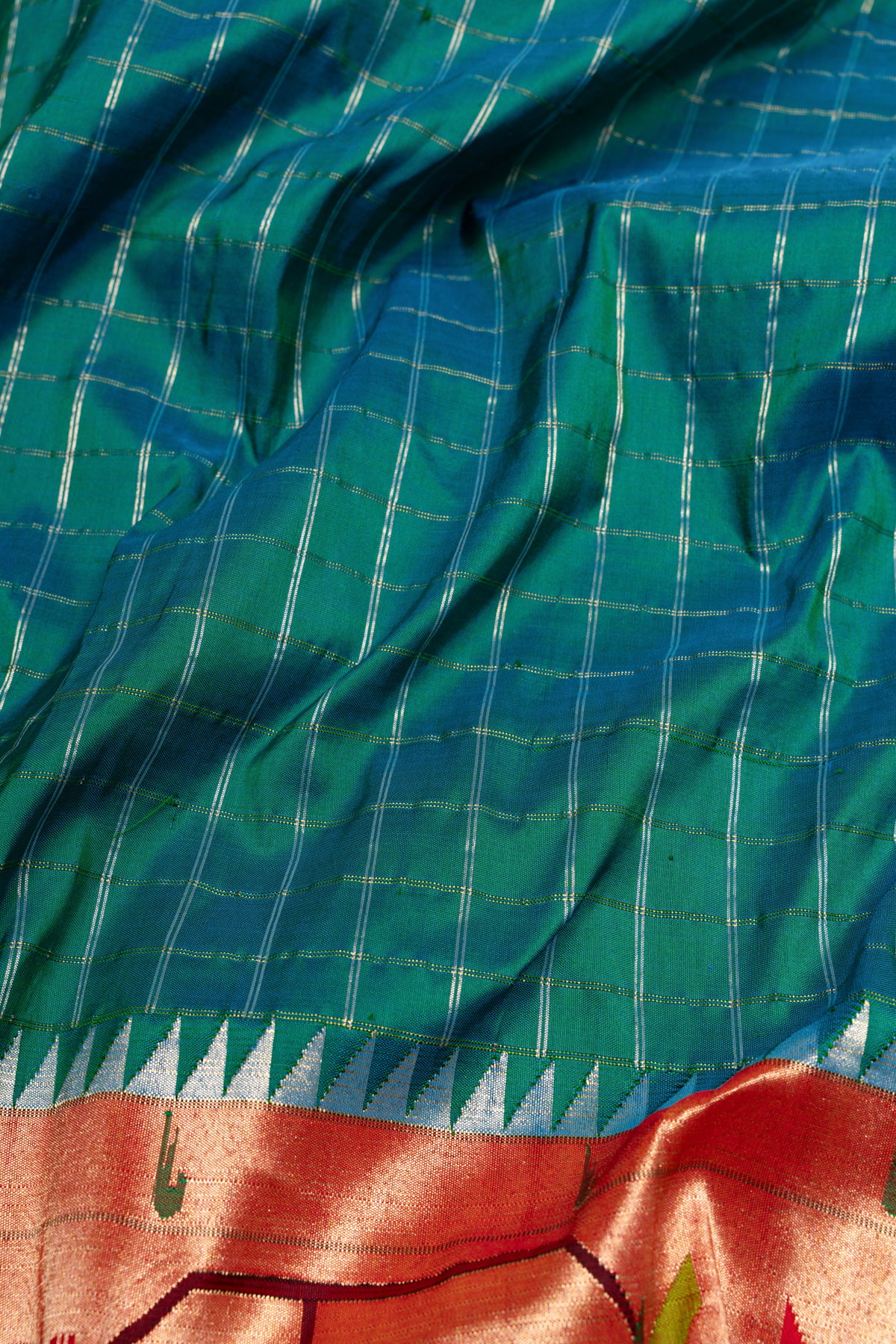 Paithani Silk Checks Teal Blue Saree With Akruthi Border