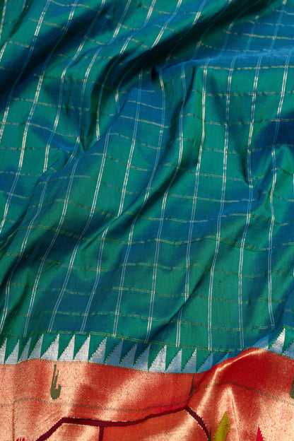 Paithani Silk Checks Teal Blue Saree With Akruthi Border