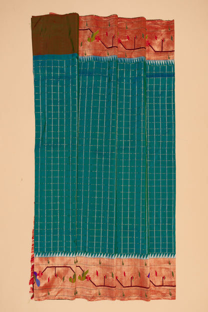 Paithani Silk Checks Teal Blue Saree With Akruthi Border