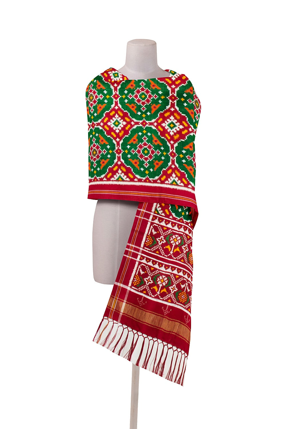 Patan Patola Silk Double Ikat Green And Red Dupatta