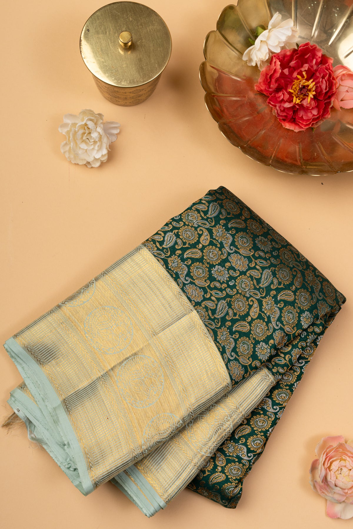 Kanchipuram Silk Brocade Bottle Green Saree