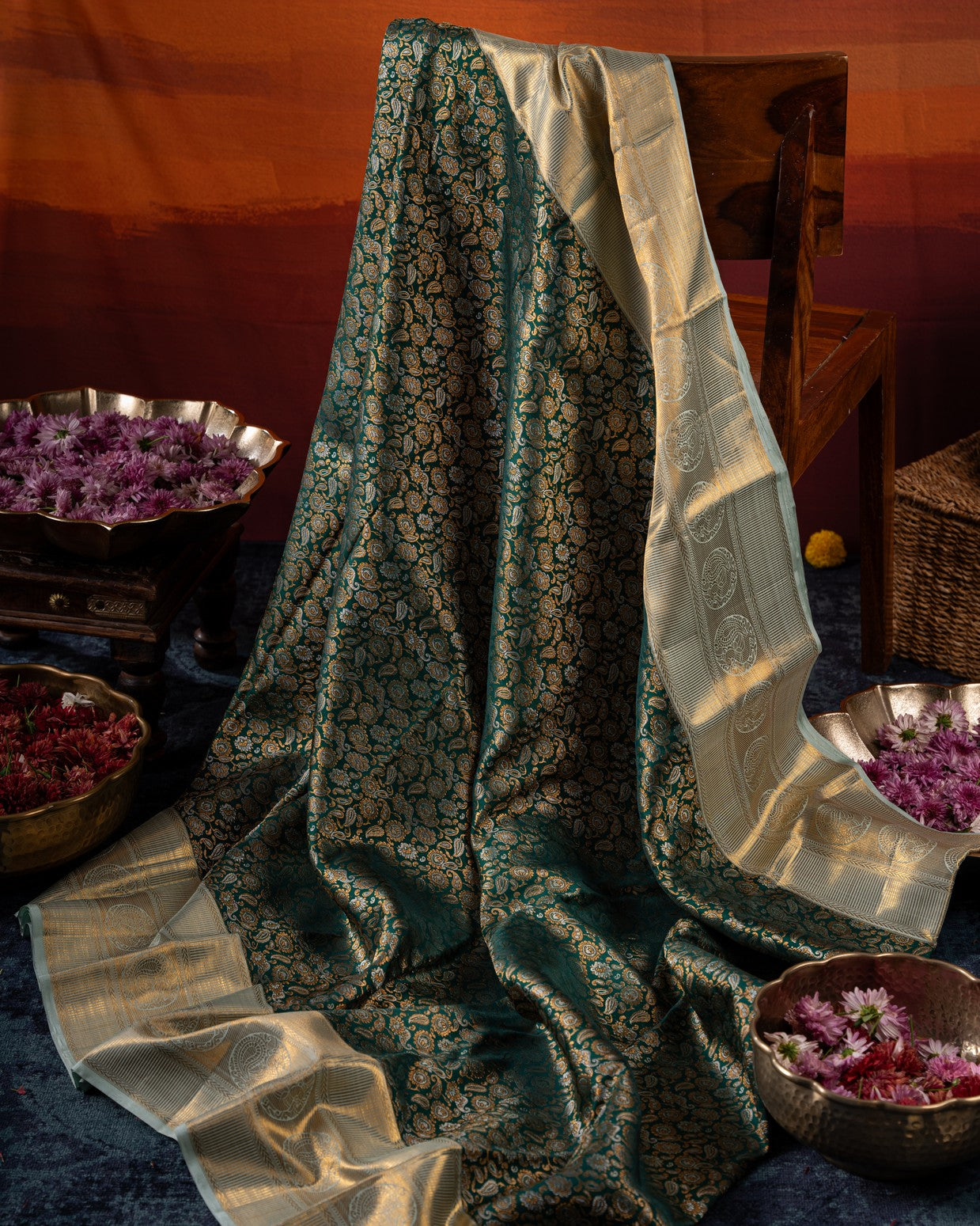 Kanchipuram Silk Brocade Bottle Green Saree