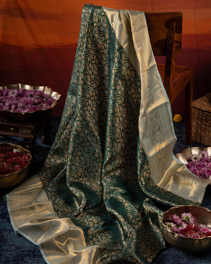 Kanchipuram Silk Brocade Bottle Green Saree