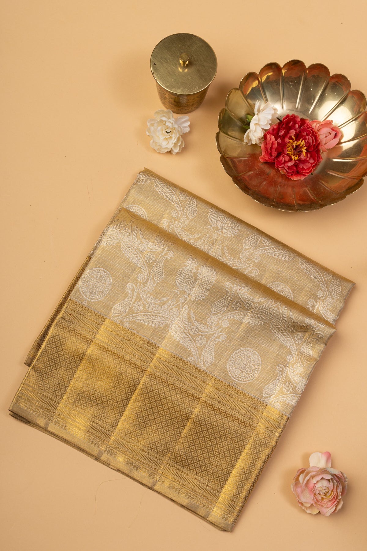 Kanchipuram Silk Tissue Brocade Beige Gold Saree