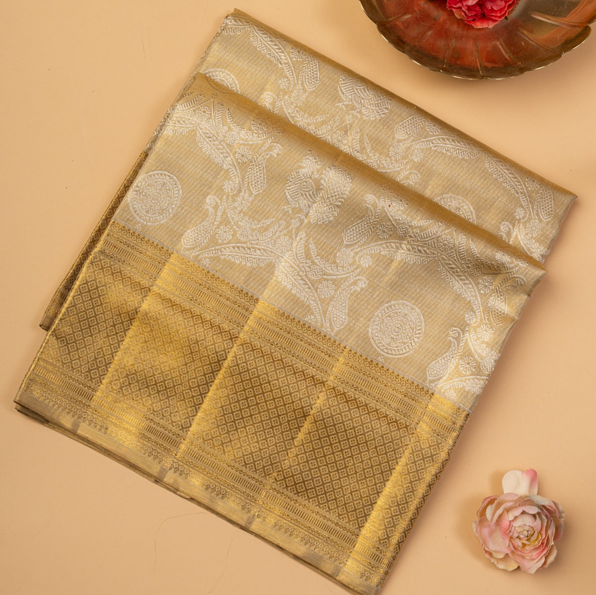 Kanchipuram Silk Tissue Brocade Beige Gold Saree