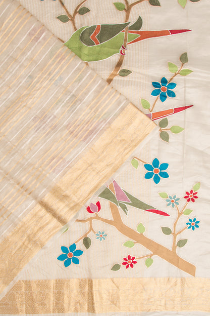Organza Horizontal Lines Cream Saree With Paithani Inspired Pallu