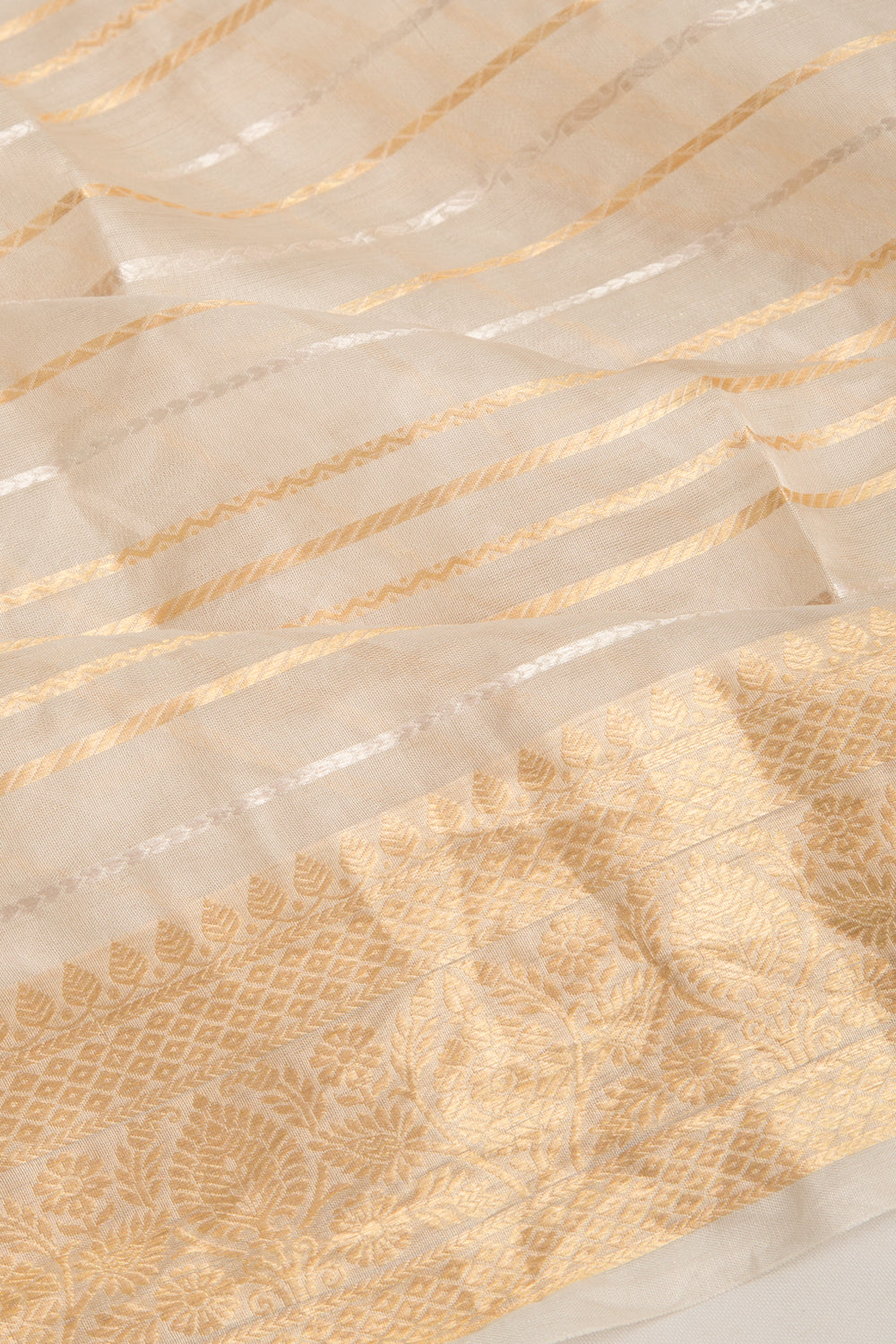 Organza Horizontal Lines Cream Saree With Paithani Inspired Pallu