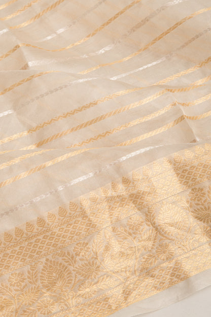Organza Horizontal Lines Cream Saree With Paithani Inspired Pallu