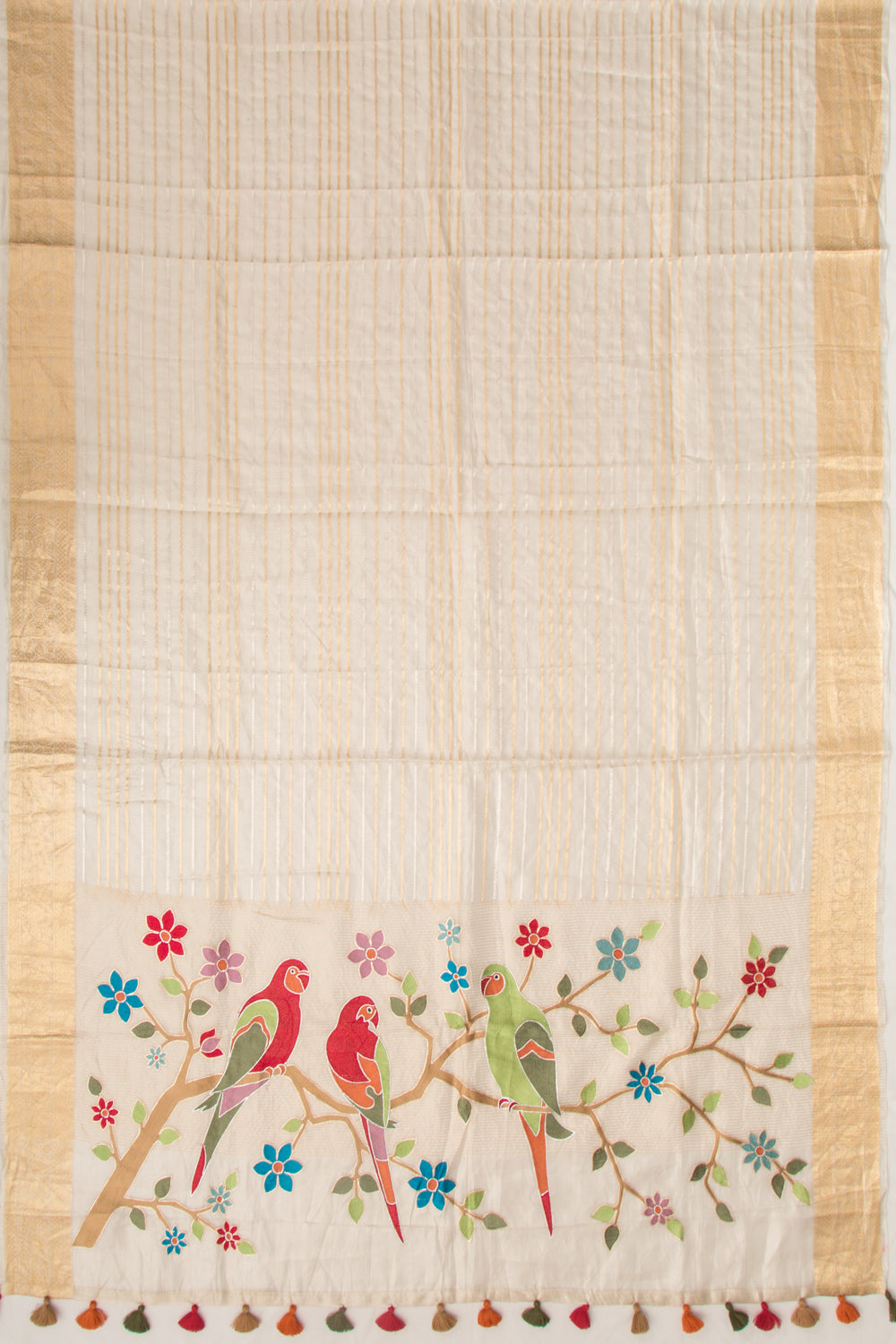 Organza Horizontal Lines Cream Saree With Paithani Inspired Pallu