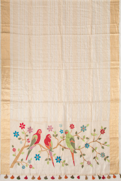 Organza Horizontal Lines Cream Saree With Paithani Inspired Pallu