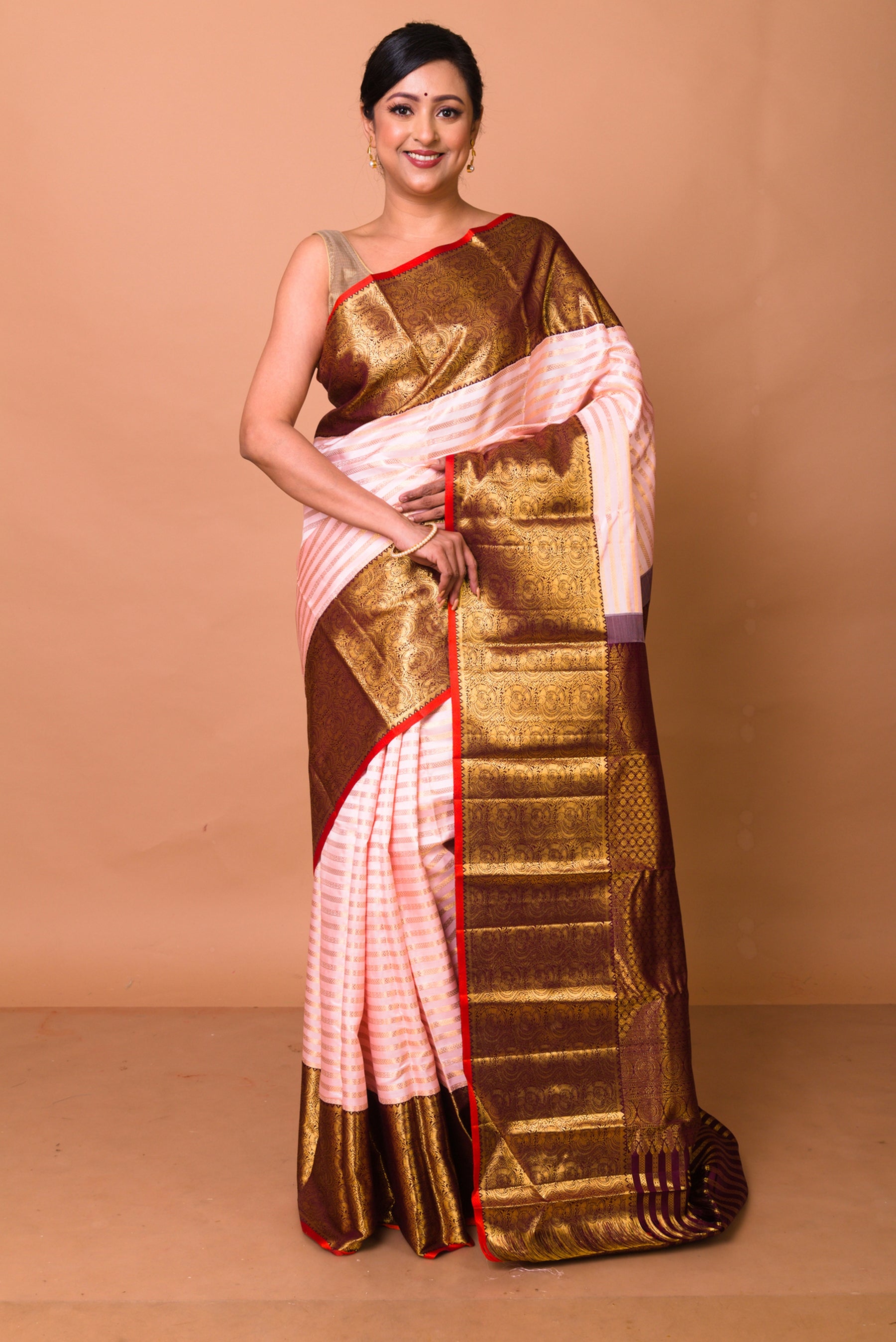 Kanchipuram Silk Horizontal Lines Peach Saree