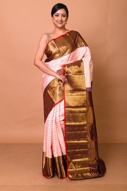 Kanchipuram Silk Horizontal Lines Peach Saree