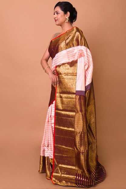 Kanchipuram Silk Horizontal Lines Peach Saree