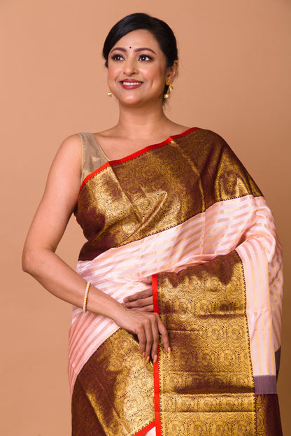 Kanchipuram Silk Horizontal Lines Peach Saree