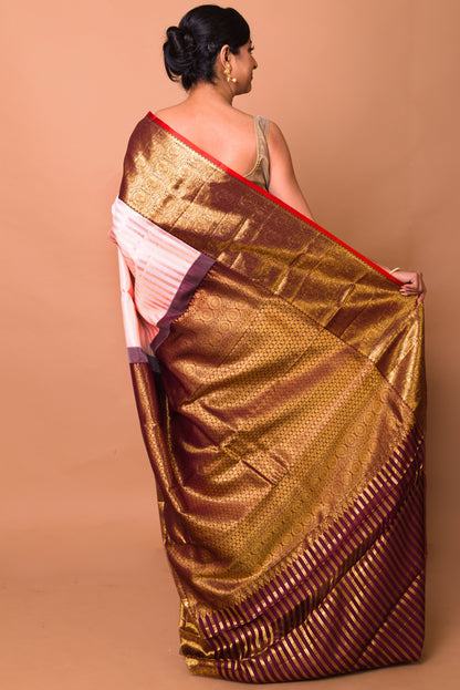 Kanchipuram Silk Horizontal Lines Peach Saree