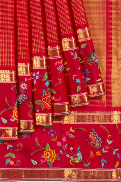 Petit Point Kanchipuram Silk Checks Redish Pink Saree