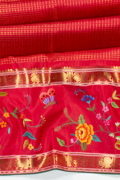 Petit Point Kanchipuram Silk Checks Redish Pink Saree