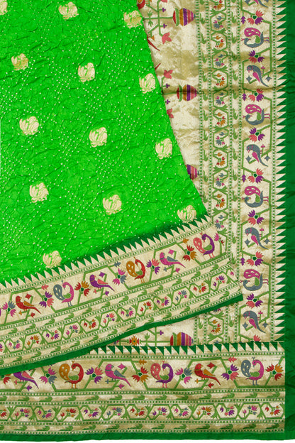 Banarasi Silk Bandhani Butta Green Saree