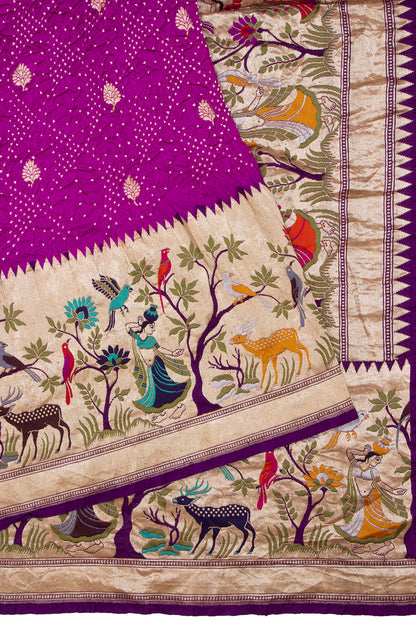 Banarasi Silk Bandhani Butta Violet Saree