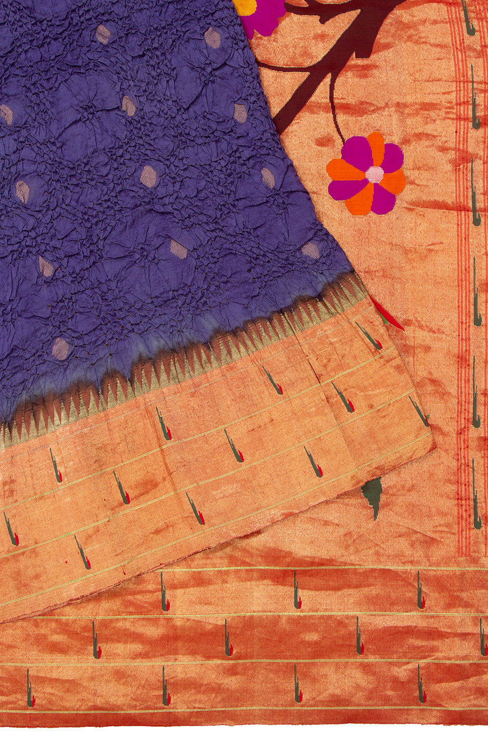 Paithani Silk Bandhani Butta Violet Saree With Triple Muniya Border