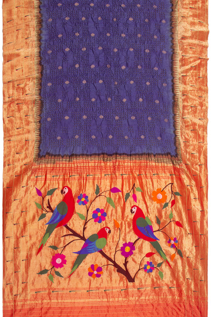 Paithani Silk Bandhani Butta Violet Saree With Triple Muniya Border