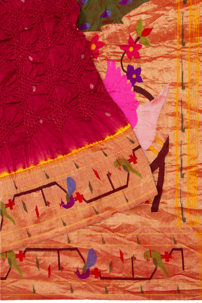 Paithani Silk Bandhani Butta Pink Saree With Akuthi Border