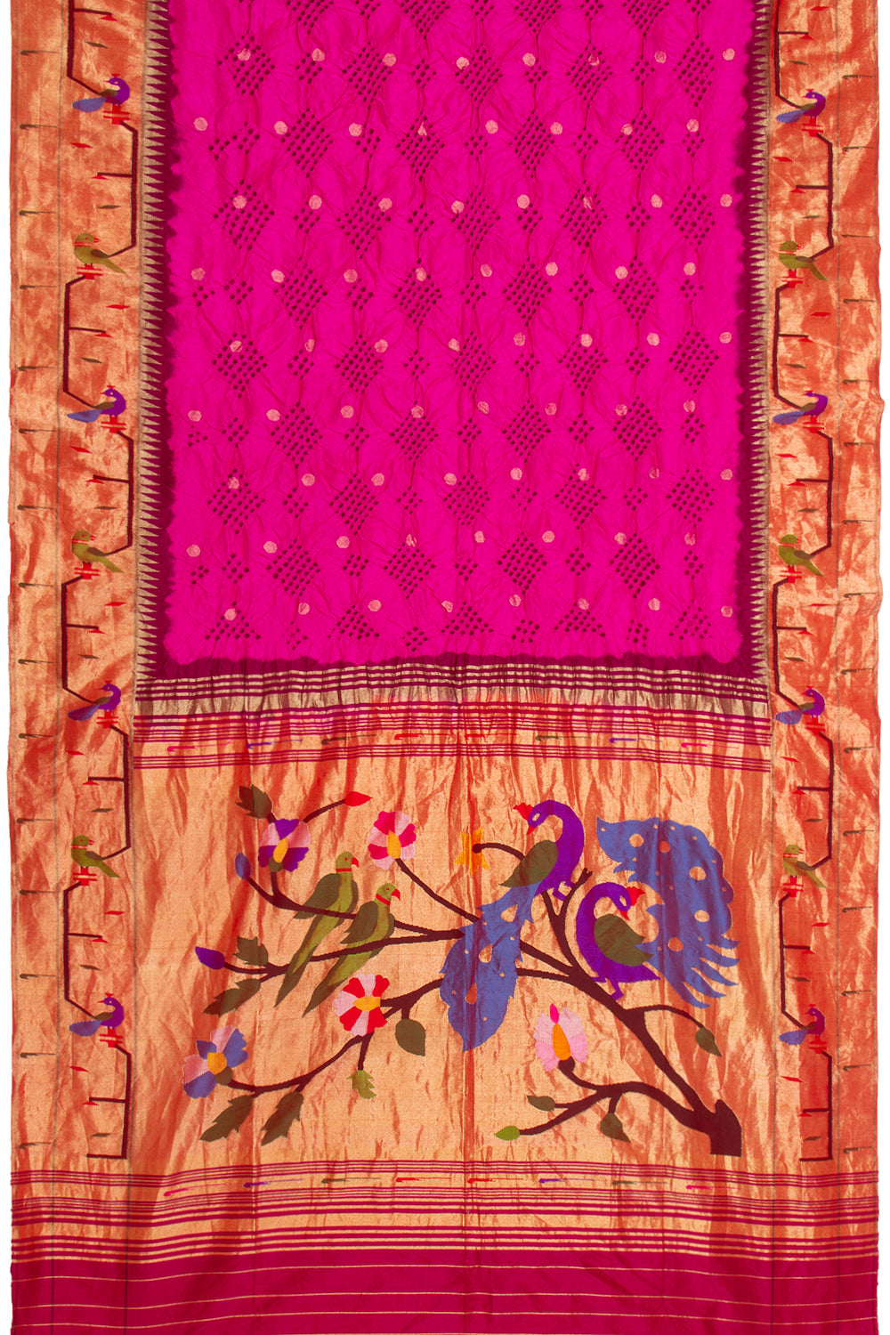 Paithani Silk Bandhani Butta Pink Saree With Akuthi Border