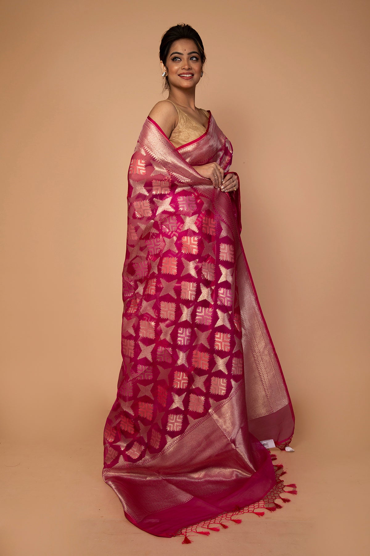 Banarasi Kora Organza Butta Pink Saree