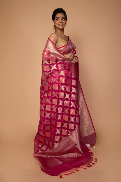 Banarasi Kora Organza Butta Pink Saree