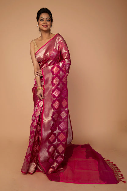 Banarasi Kora Organza Butta Pink Saree