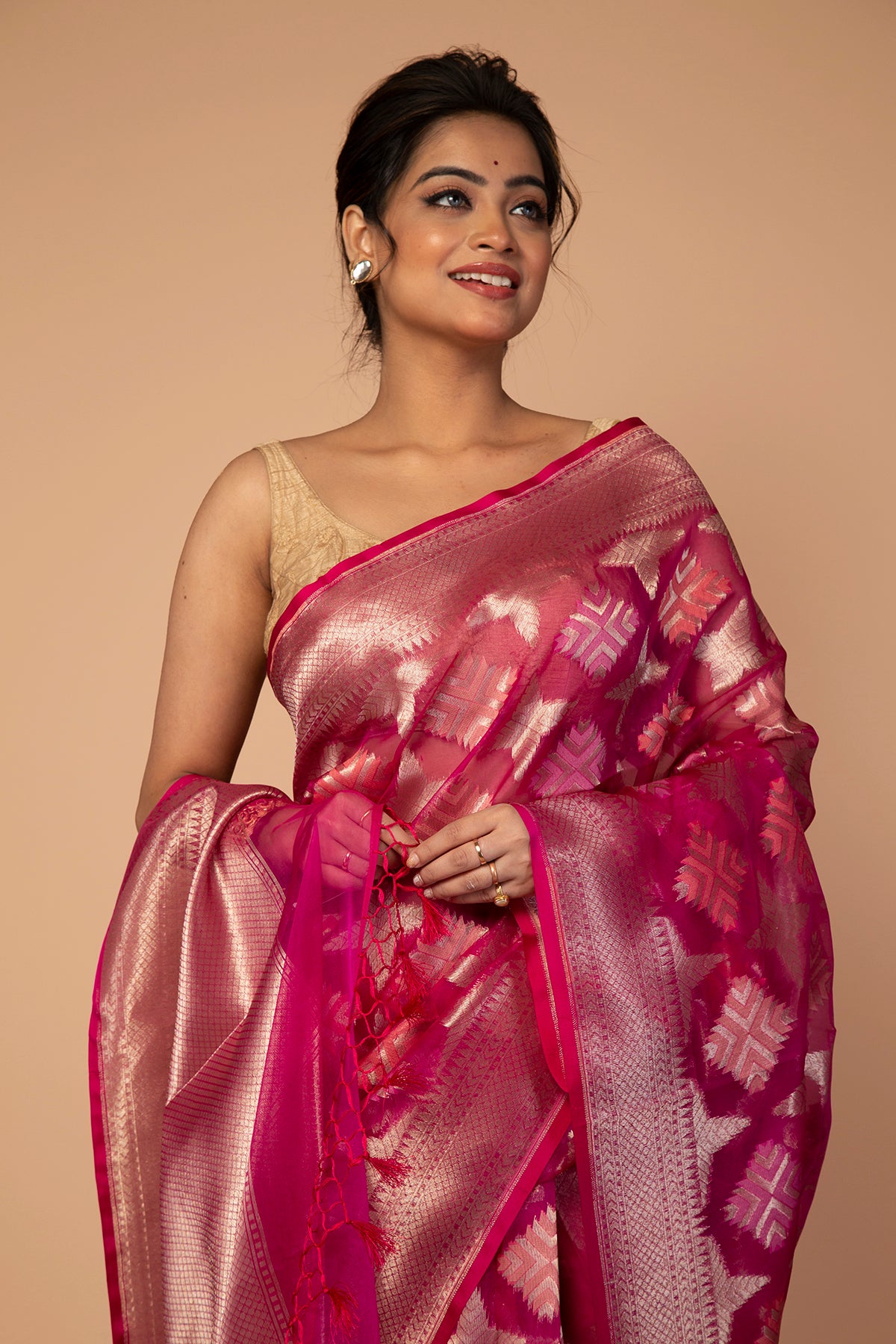 Banarasi Kora Organza Butta Pink Saree
