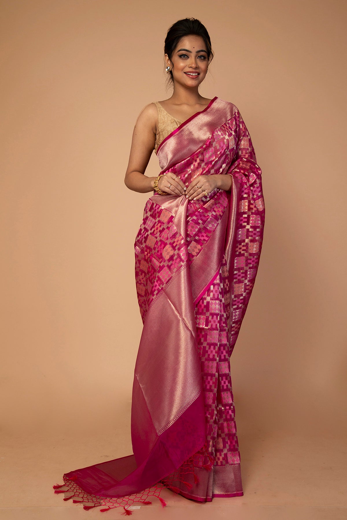 Banarasi Kora Organza Jaal Pink Saree