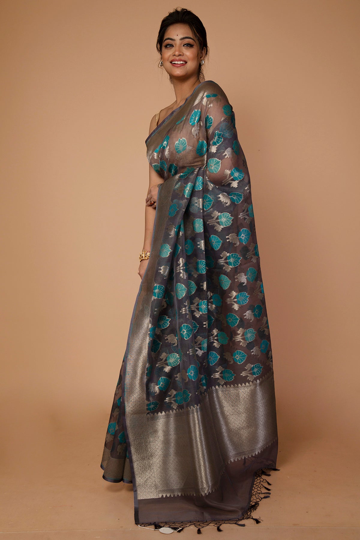 Banarasi Kora Organza Jaal Dark Blue Saree
