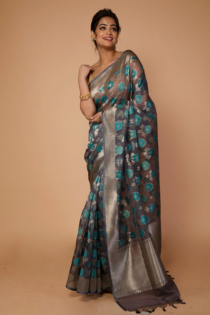 Banarasi Kora Organza Jaal Dark Blue Saree