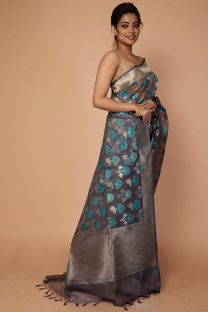 Banarasi Kora Organza Jaal Dark Blue Saree