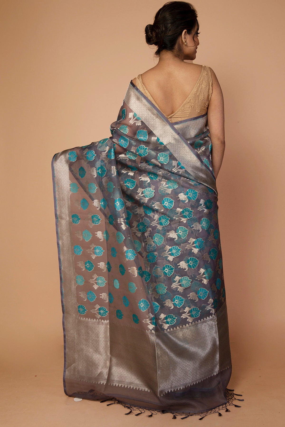Banarasi Kora Organza Jaal Dark Blue Saree