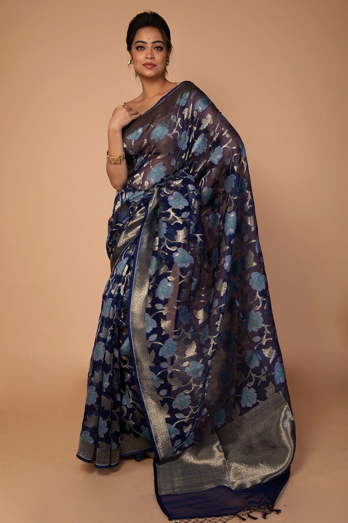 Banarasi Kora Organza Jaal Dark Blue Saree