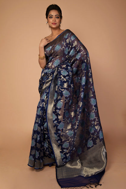 Banarasi Kora Organza Jaal Dark Blue Saree