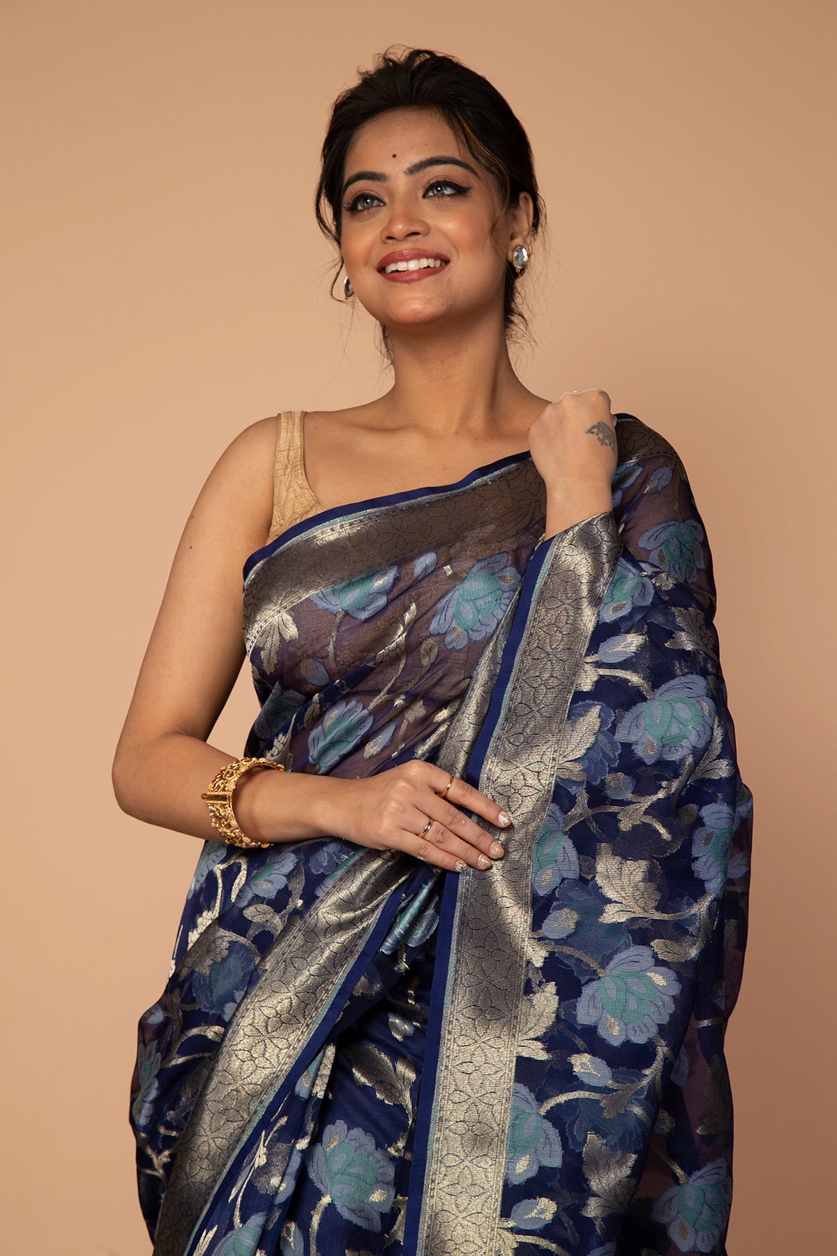 Banarasi Kora Organza Jaal Dark Blue Saree