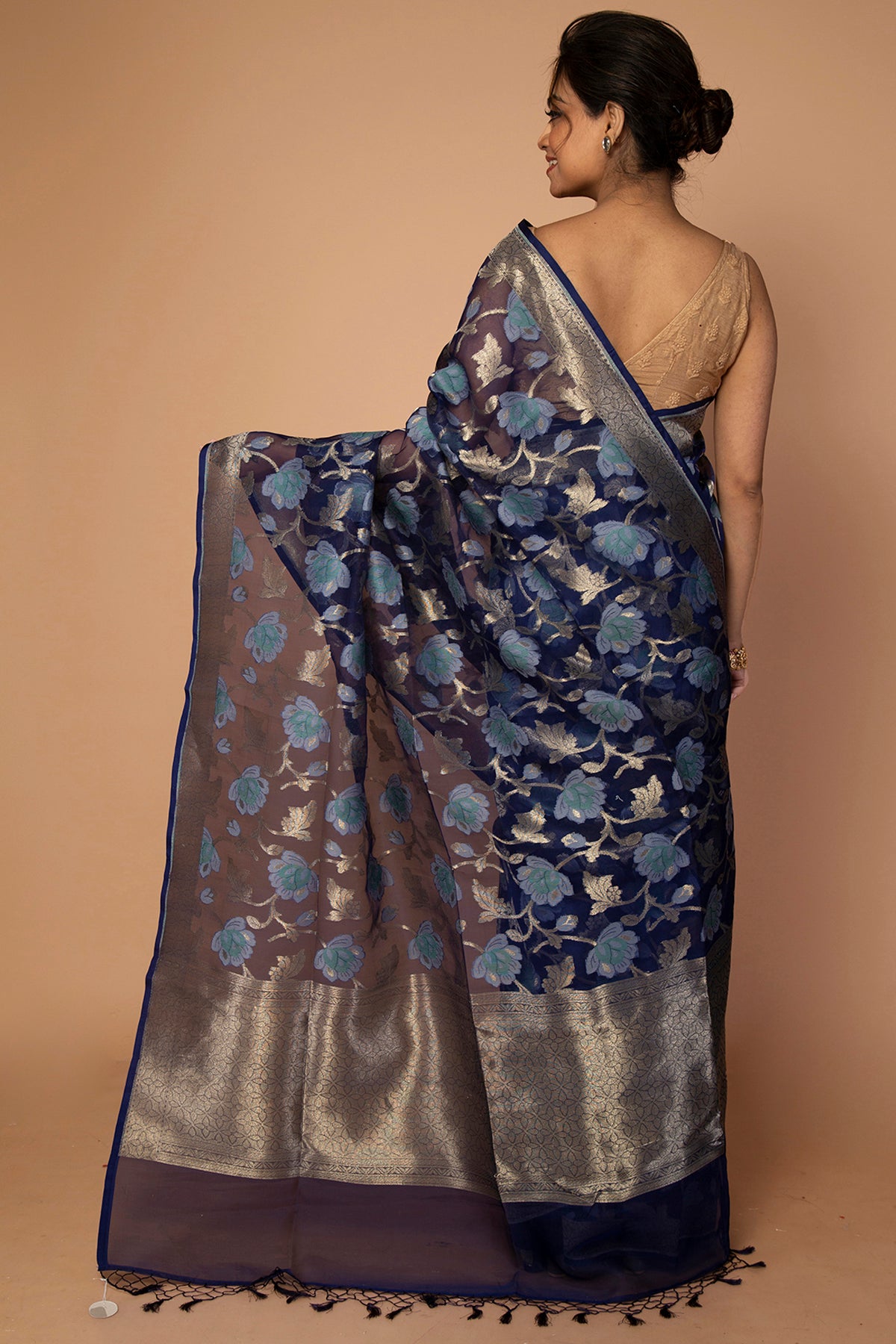 Banarasi Kora Organza Jaal Dark Blue Saree
