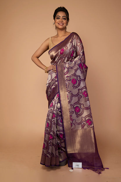 Banarasi Kora Organza Jaal Purple Saree