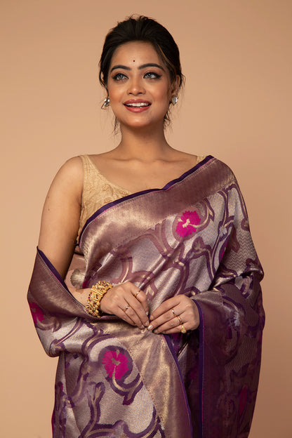 Banarasi Kora Organza Jaal Purple Saree