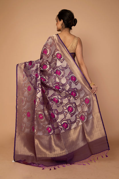 Banarasi Kora Organza Jaal Purple Saree